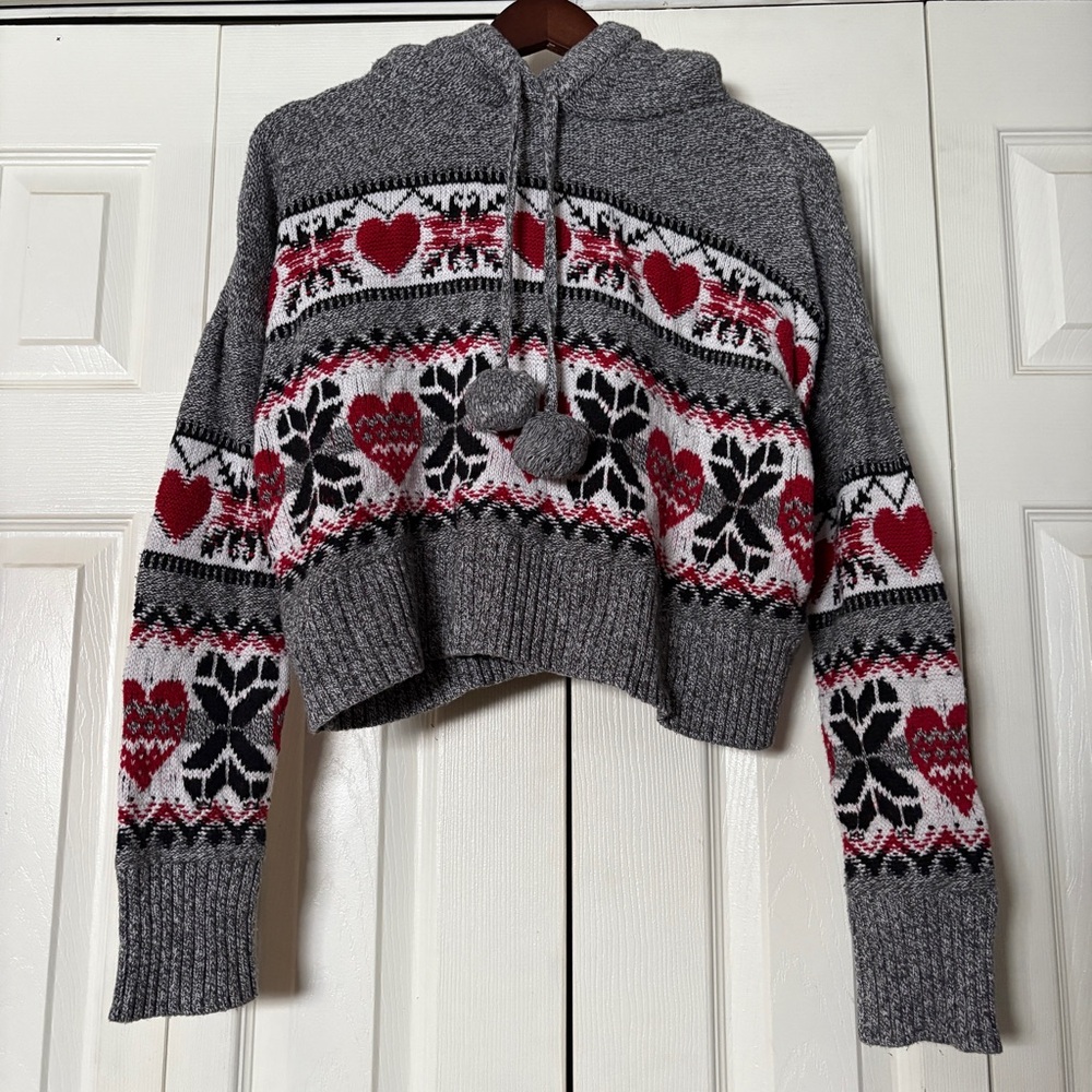 Cozy Hooded Knit Sweater Red Heart Fair Isle Print | Y2K Twee Cozy Winter
